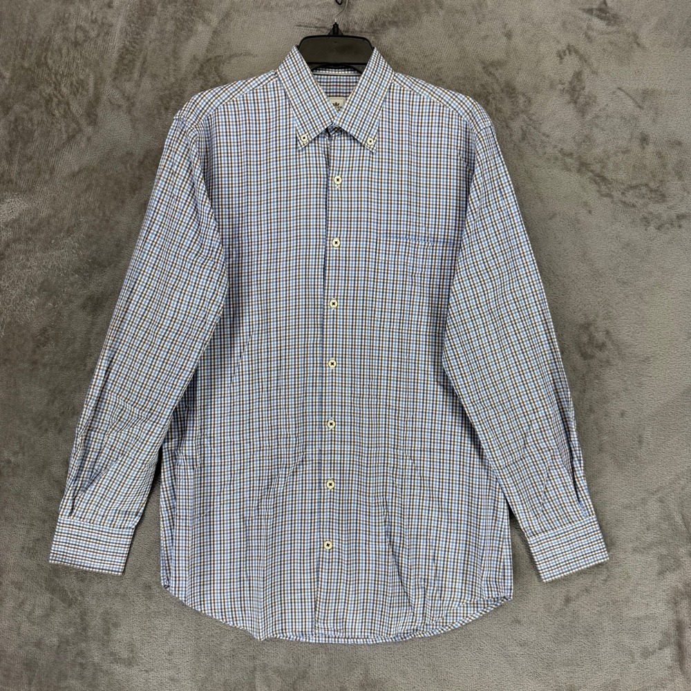Peter Millar Shirt Mens Medium Blue Brown Plaid Cotton Button Down Long Sleeve